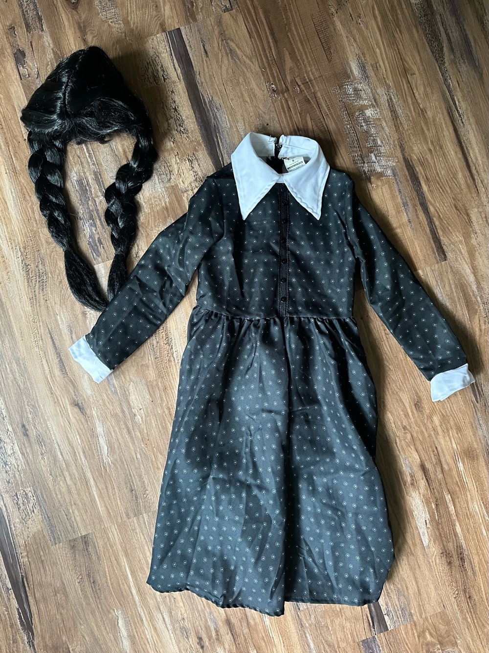 Wednesday Addams Costume Dress with White Collar and Double Braid Wig